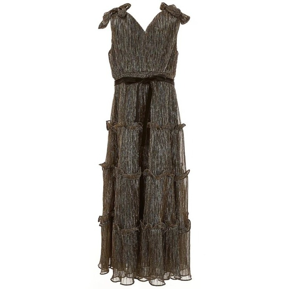 a loves a Black/Gold Metallic Pleated Tiered Long Maxi Dress in Size Large